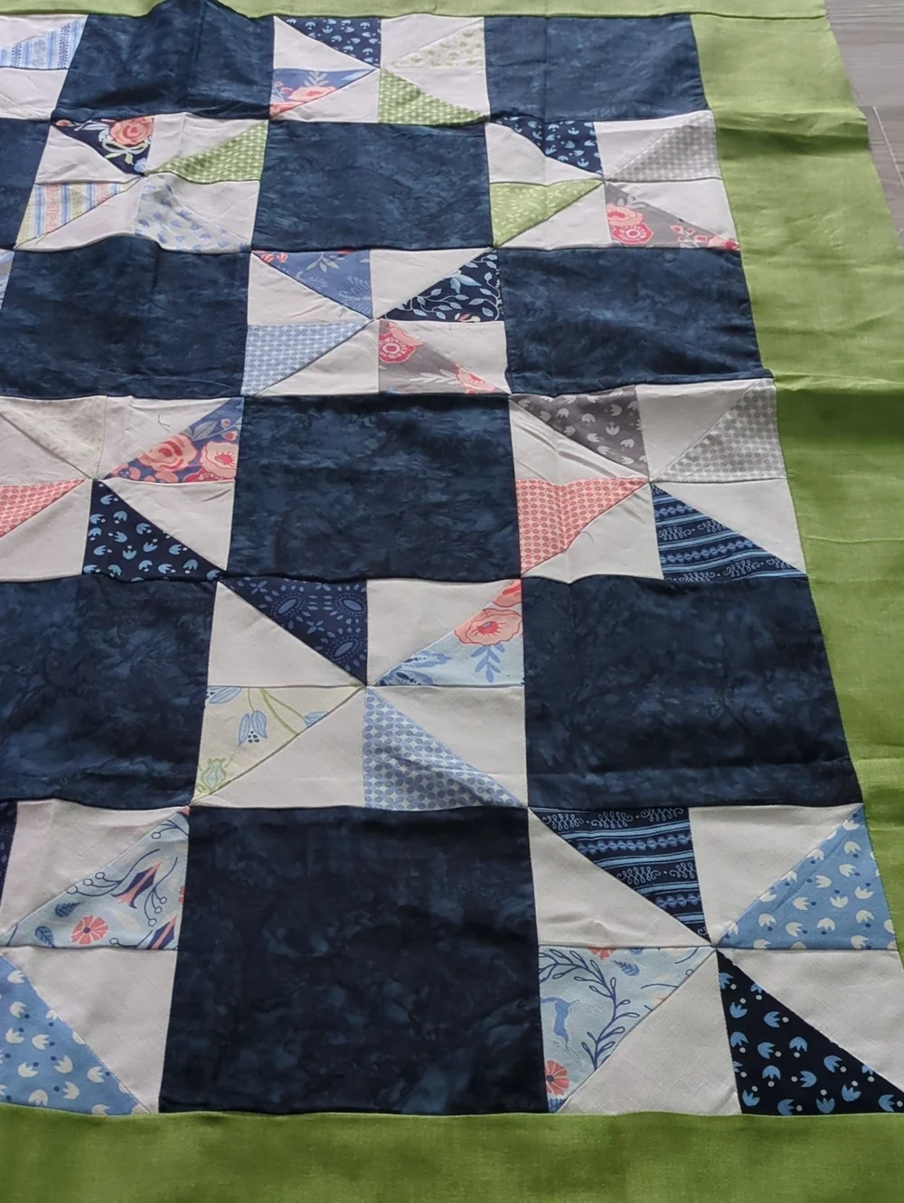 Handmade Unfinished Quilt Top UFO Blue Green Pinwheel Patchwork 41 x 35.5